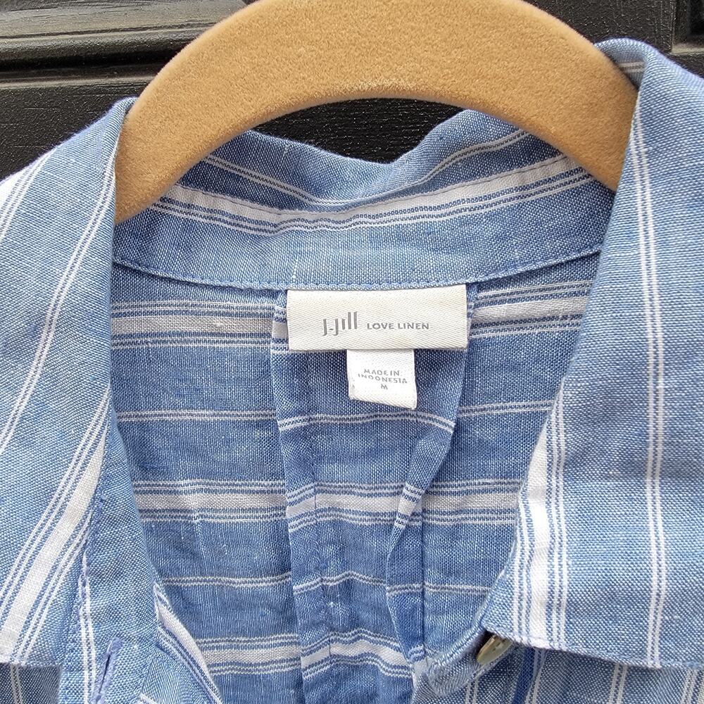 J Jill Love Linen Blue White Striped Long Sleeve Abalone Button Up Shirt Medium - Picture 3 of 4